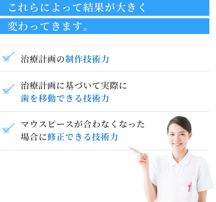 これらによって結果が大きく変わってきます。治療計画の制作技術力・治療計画に基づいて実際に歯を移動できる技術力・マウスピースが合わなくなった場合に修正できる技術力